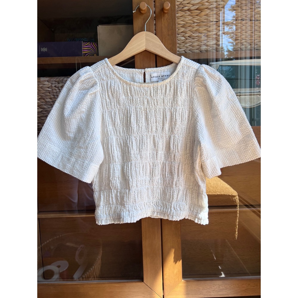 Apiece Apart Smocked Puff Sleeve Babydoll Boho Top White Organic Cotton Small